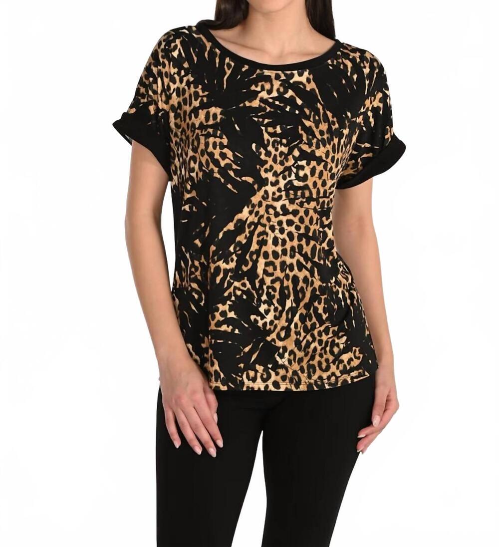 NEW FRANK LYMAN casual leopard print pullover top in black/tan